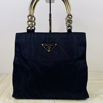 PRADA Hand Bag Tote Purse Logo Nylon Navy Authentic