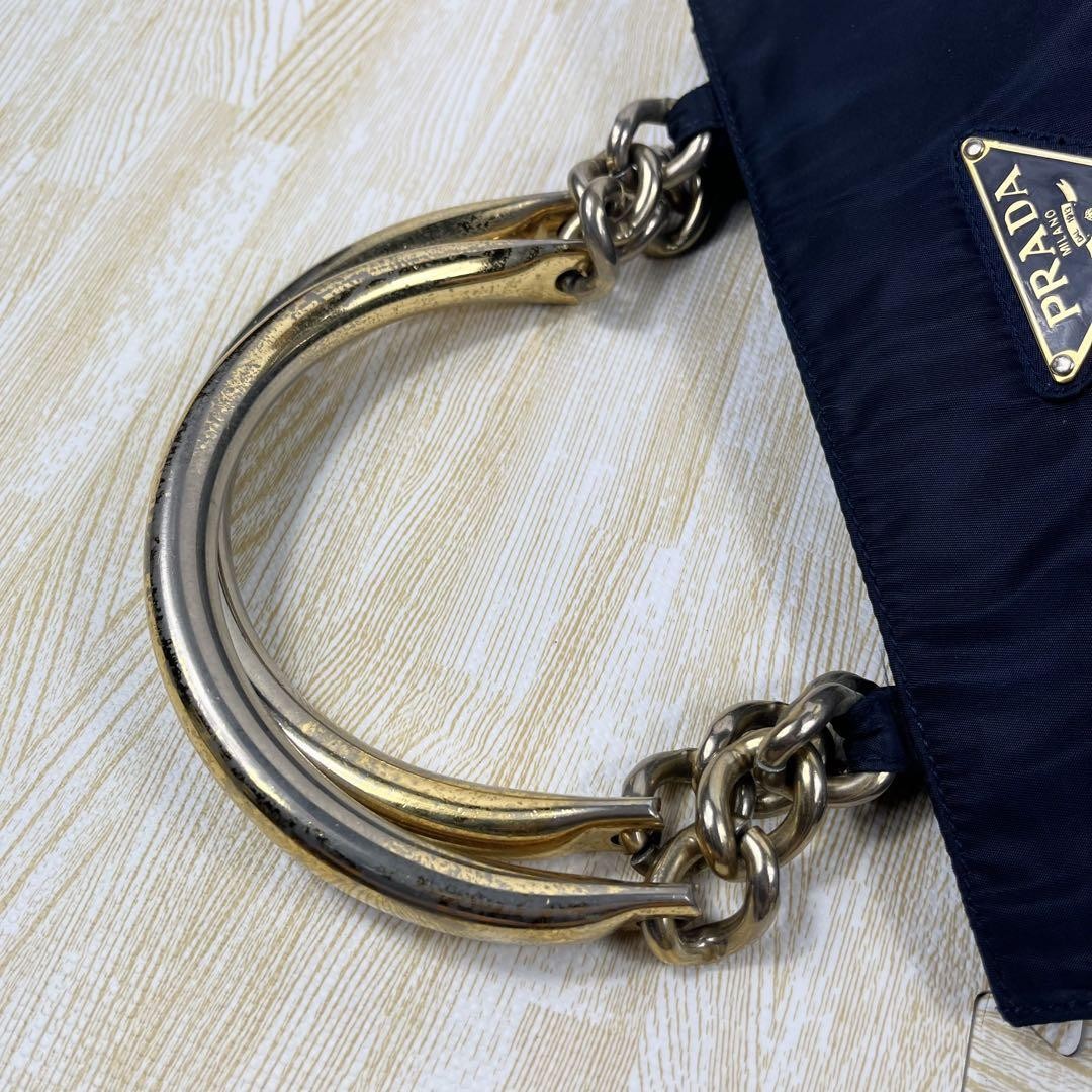 PRADA Hand Bag Tote Purse Logo Nylon Navy Authentic