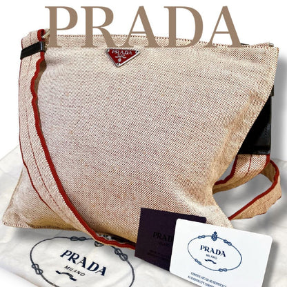 PRADA Shoulder Bag Purse Logo Canvas Beige Authentic