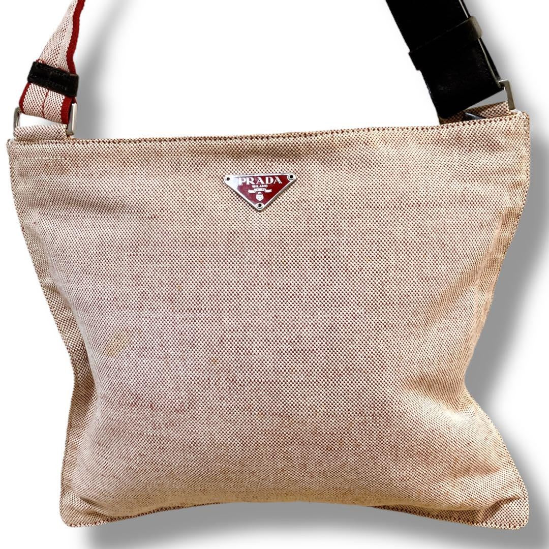 PRADA Shoulder Bag Purse Logo Canvas Beige Authentic