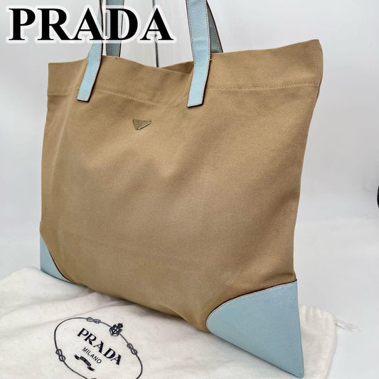 PRADA Hand Bag Tote Purse Logo Canvas Leather Beige Light Blue Authentic