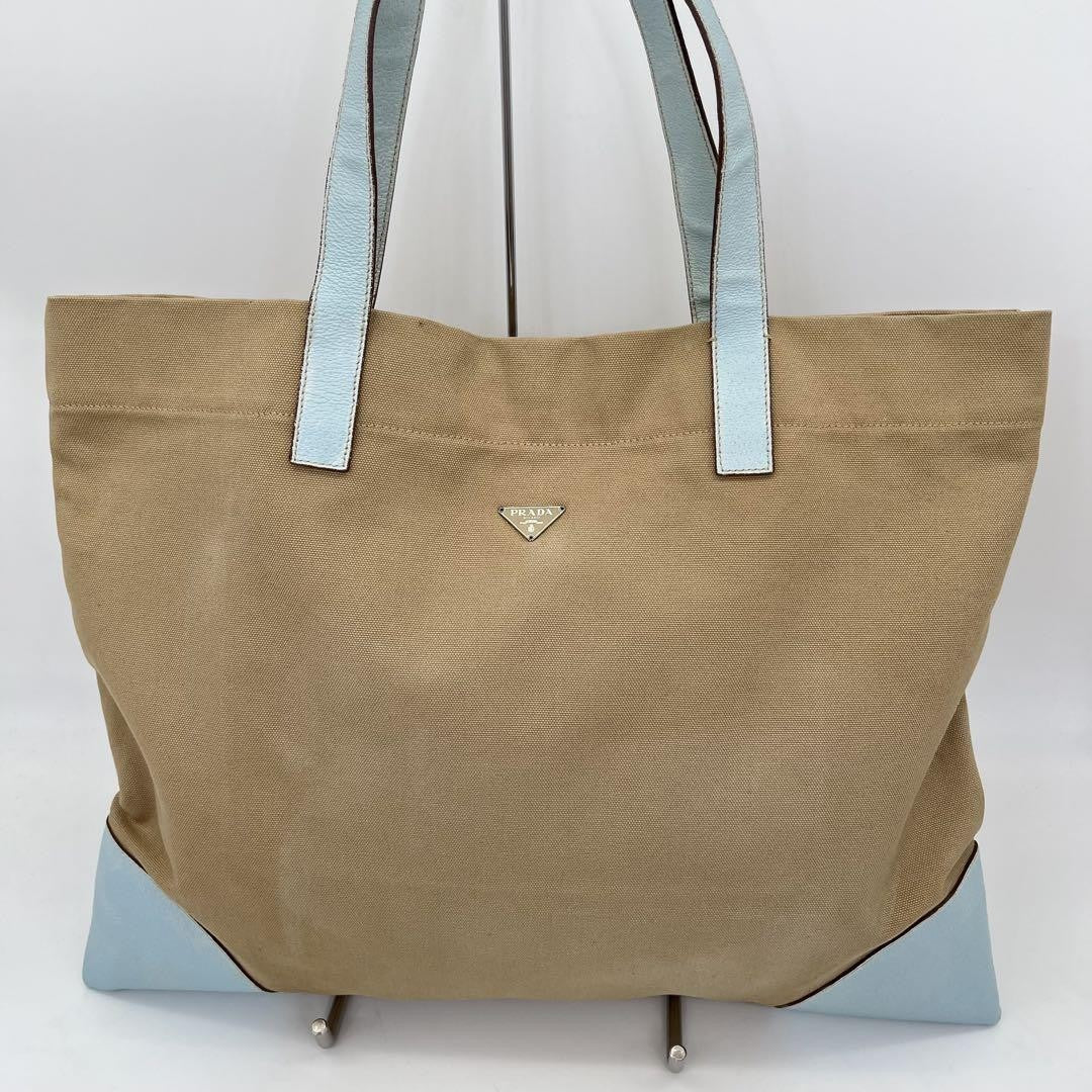 PRADA Hand Bag Tote Purse Logo Canvas Leather Beige Light Blue Authentic