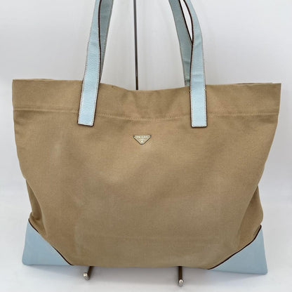 PRADA Hand Bag Tote Purse Logo Canvas Leather Beige Light Blue Authentic