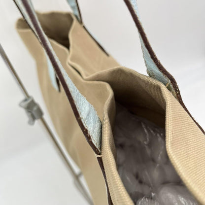PRADA Hand Bag Tote Purse Logo Canvas Leather Beige Light Blue Authentic
