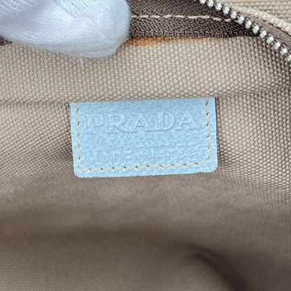 PRADA Hand Bag Tote Purse Logo Canvas Leather Beige Light Blue Authentic