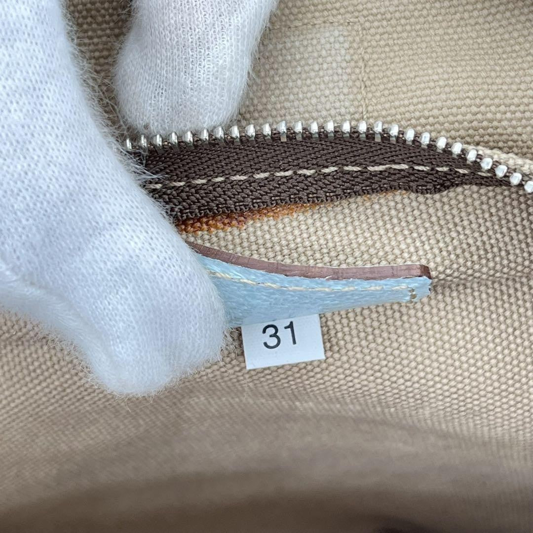 PRADA Hand Bag Tote Purse Logo Canvas Leather Beige Light Blue Authentic