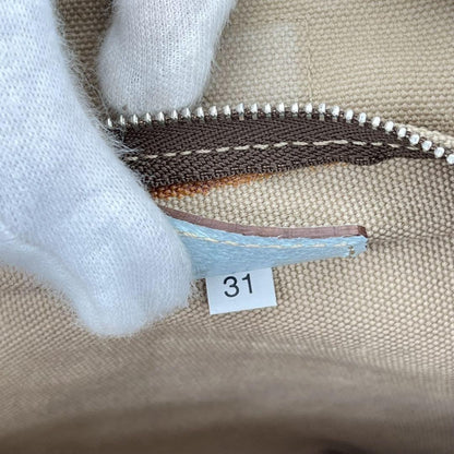 PRADA Hand Bag Tote Purse Logo Canvas Leather Beige Light Blue Authentic