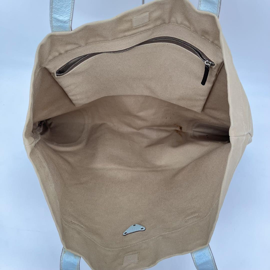 PRADA Hand Bag Tote Purse Logo Canvas Leather Beige Light Blue Authentic