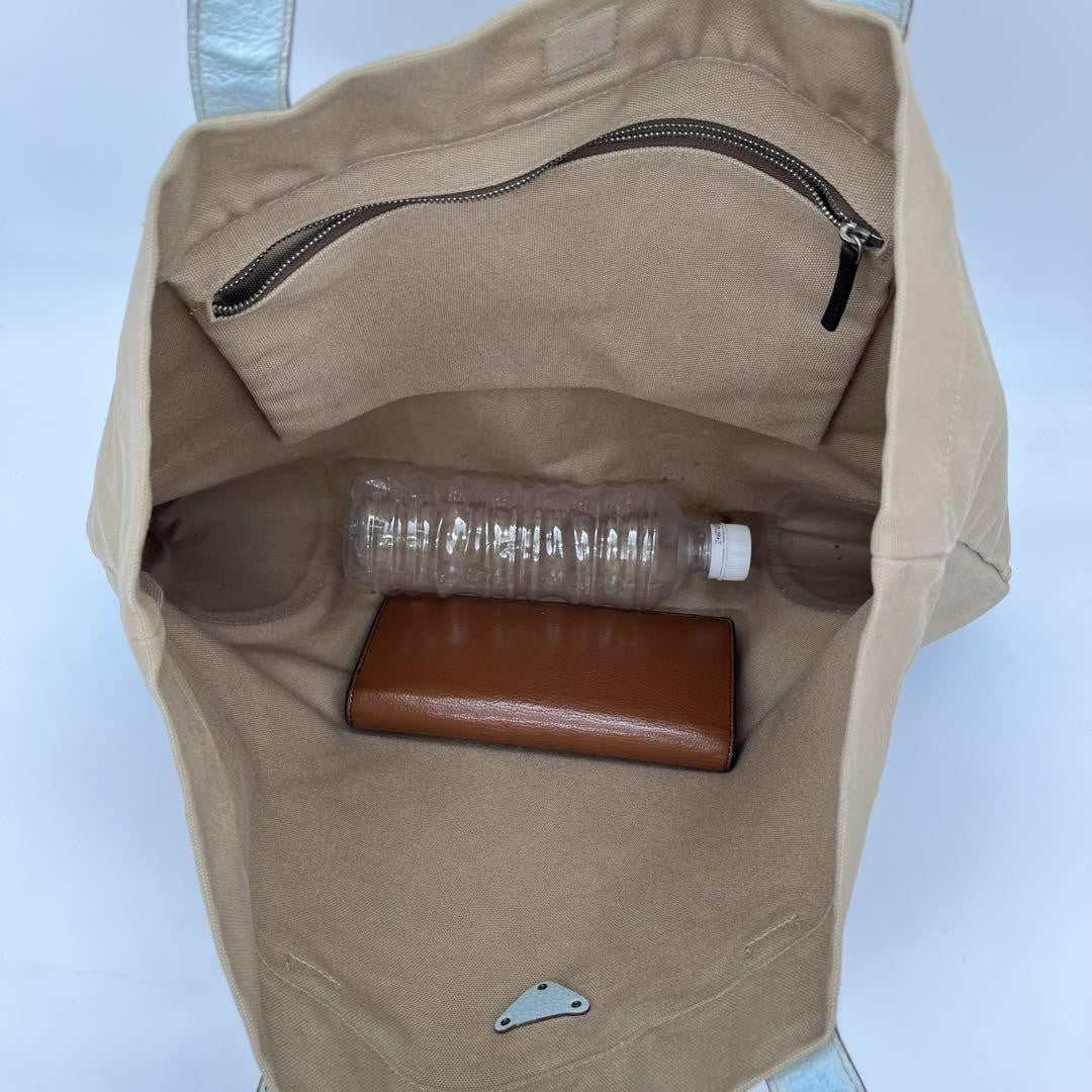 PRADA Hand Bag Tote Purse Logo Canvas Leather Beige Light Blue Authentic