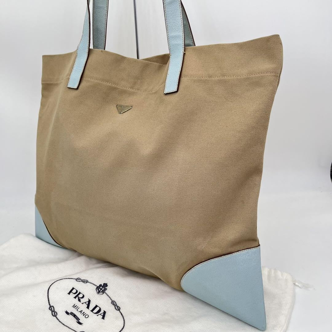 PRADA Hand Bag Tote Purse Logo Canvas Leather Beige Light Blue Authentic