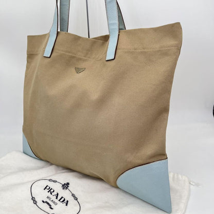 PRADA Hand Bag Tote Purse Logo Canvas Leather Beige Light Blue Authentic