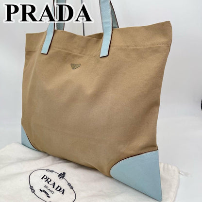 PRADA Hand Bag Tote Purse Logo Canvas Leather Beige Light Blue Authentic