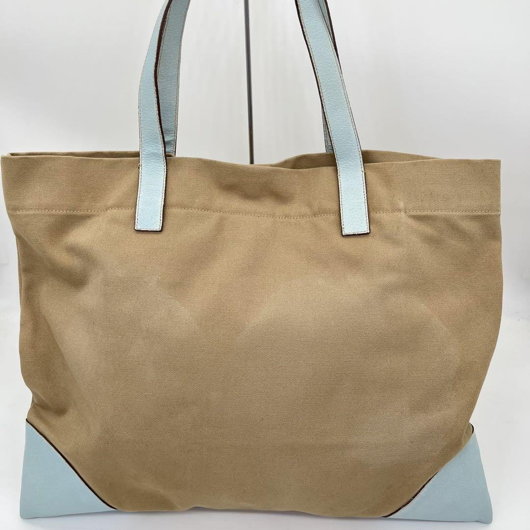 PRADA Hand Bag Tote Purse Logo Canvas Leather Beige Light Blue Authentic