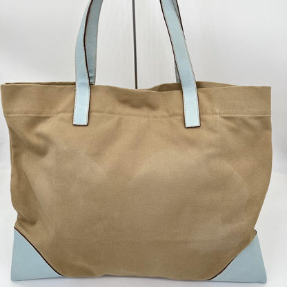 PRADA Hand Bag Tote Purse Logo Canvas Leather Beige Light Blue Authentic