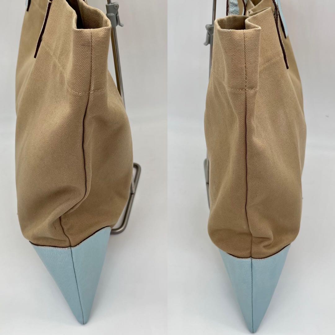 PRADA Hand Bag Tote Purse Logo Canvas Leather Beige Light Blue Authentic