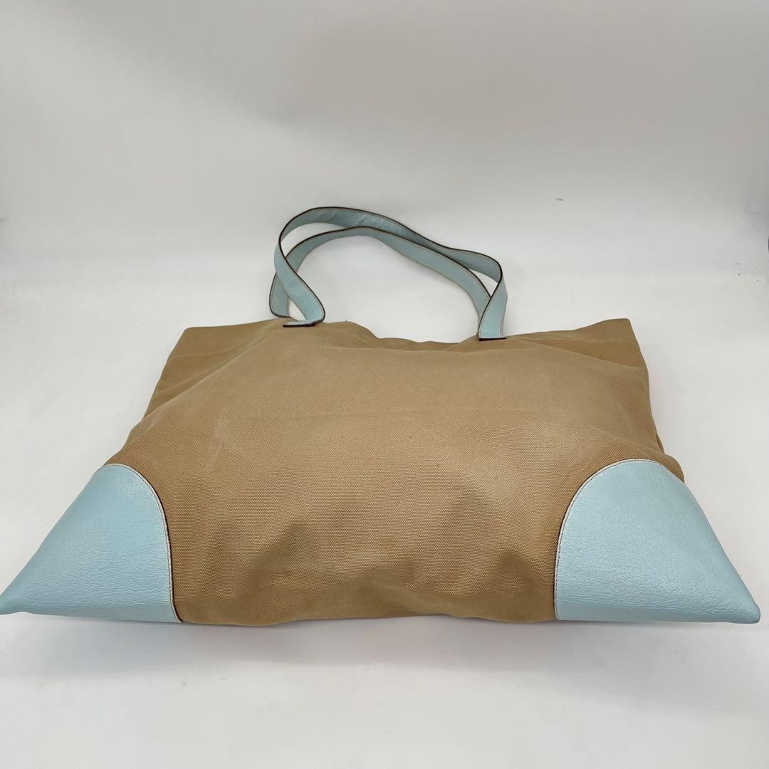 PRADA Hand Bag Tote Purse Logo Canvas Leather Beige Light Blue Authentic