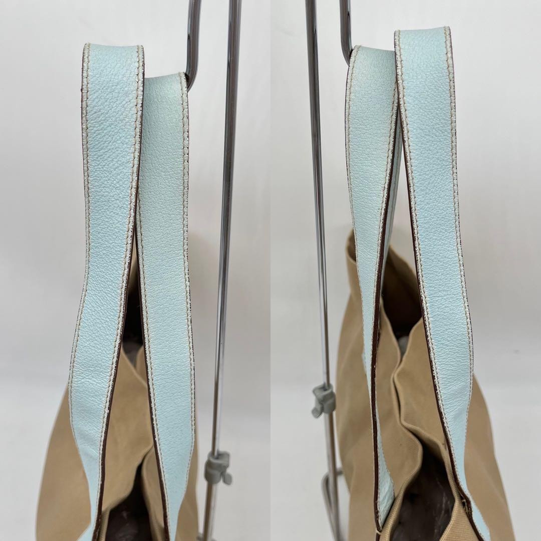 PRADA Hand Bag Tote Purse Logo Canvas Leather Beige Light Blue Authentic
