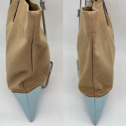 PRADA Hand Bag Tote Purse Logo Canvas Leather Beige Light Blue Authentic