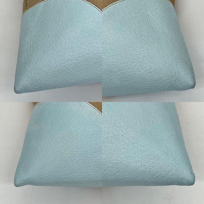 PRADA Hand Bag Tote Purse Logo Canvas Leather Beige Light Blue Authentic