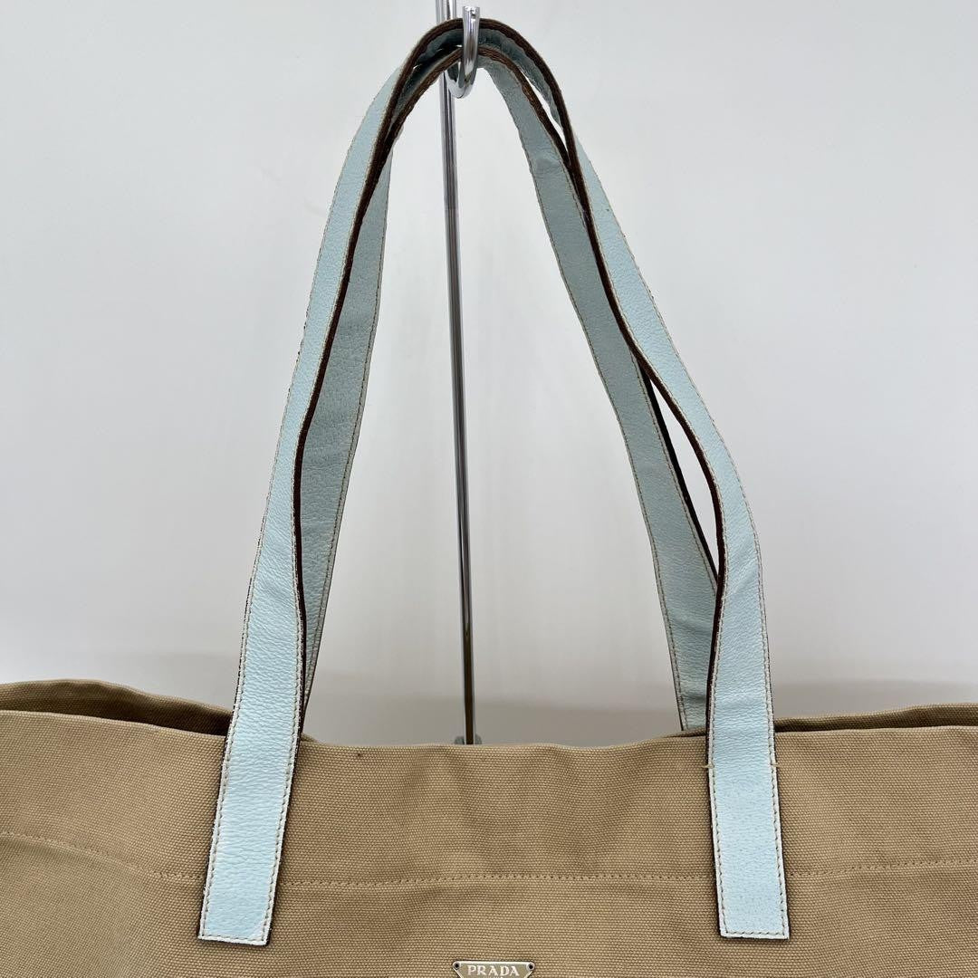 PRADA Hand Bag Tote Purse Logo Canvas Leather Beige Light Blue Authentic