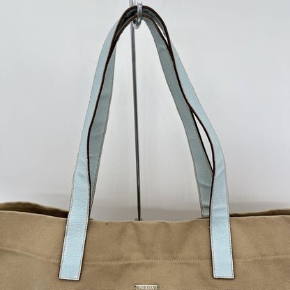 PRADA Hand Bag Tote Purse Logo Canvas Leather Beige Light Blue Authentic