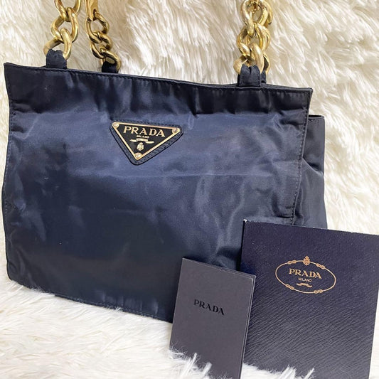 PRADA Hand Bag Tote Purse Logo Nylon Navy Authentic