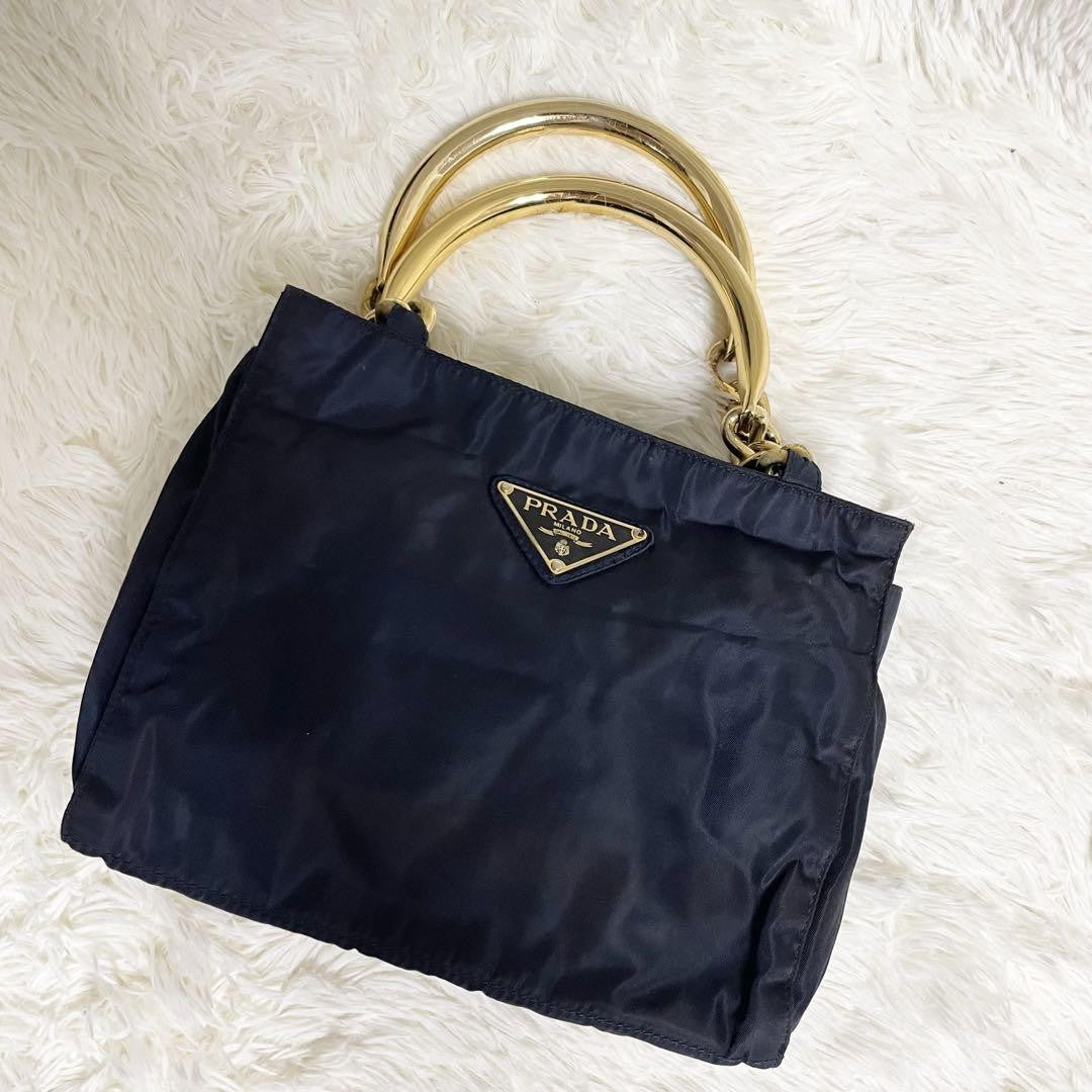 PRADA Hand Bag Tote Purse Logo Nylon Navy Authentic