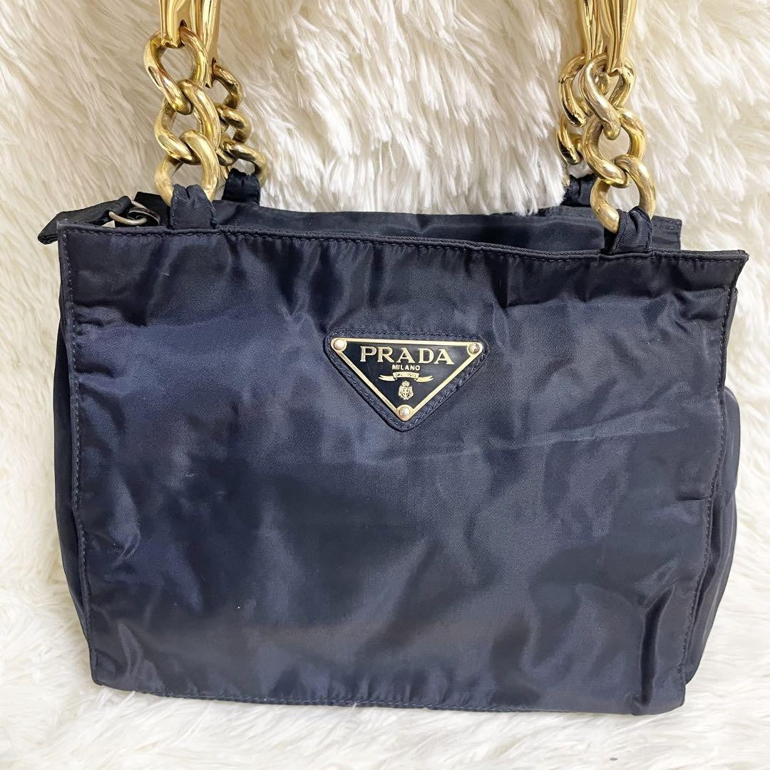 PRADA Hand Bag Tote Purse Logo Nylon Navy Authentic