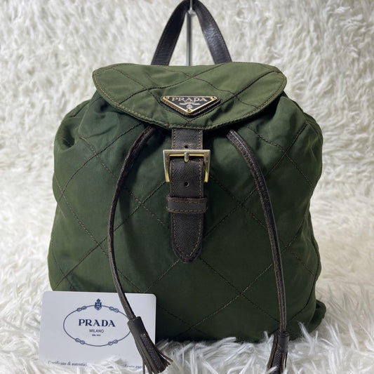 PRADA Backpack Logo Nylon Leather Green Authentic