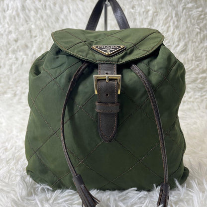 PRADA Backpack Logo Nylon Leather Green Authentic