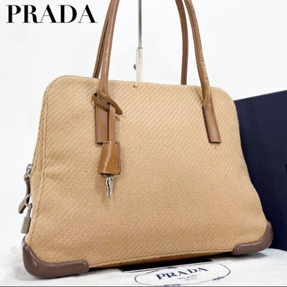 PRADA Hand Bag Tote Purse Canvas Leather Beige Brown Authentic