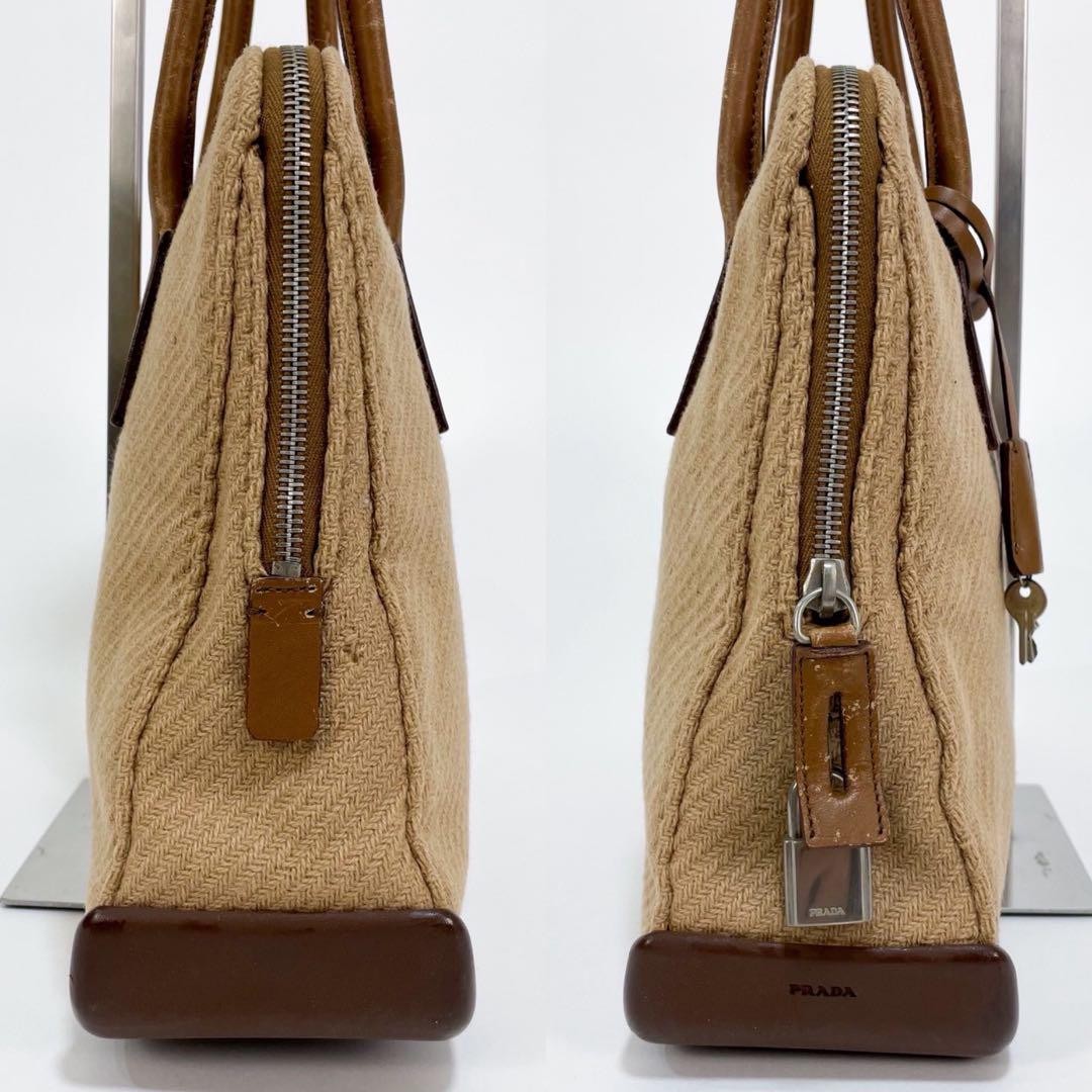 PRADA Hand Bag Tote Purse Canvas Leather Beige Brown Authentic