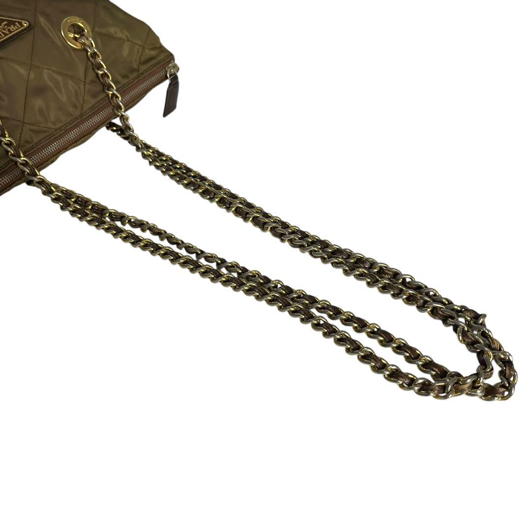 PRADA Hand Bag Tote Purse Logo Chain Nylon Khaki Authentic