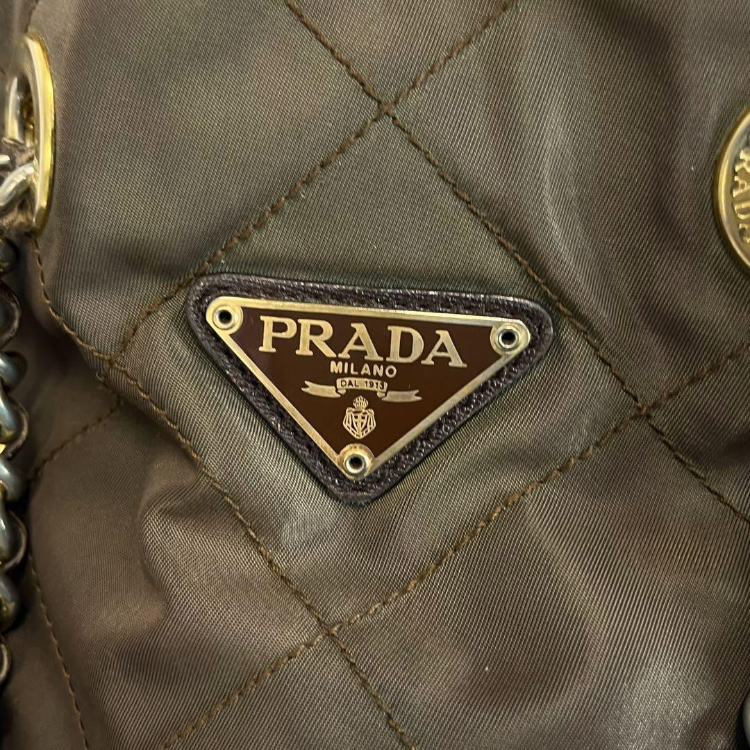 PRADA Hand Bag Tote Purse Logo Chain Nylon Khaki Authentic
