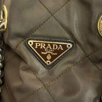 PRADA Hand Bag Tote Purse Logo Chain Nylon Khaki Authentic