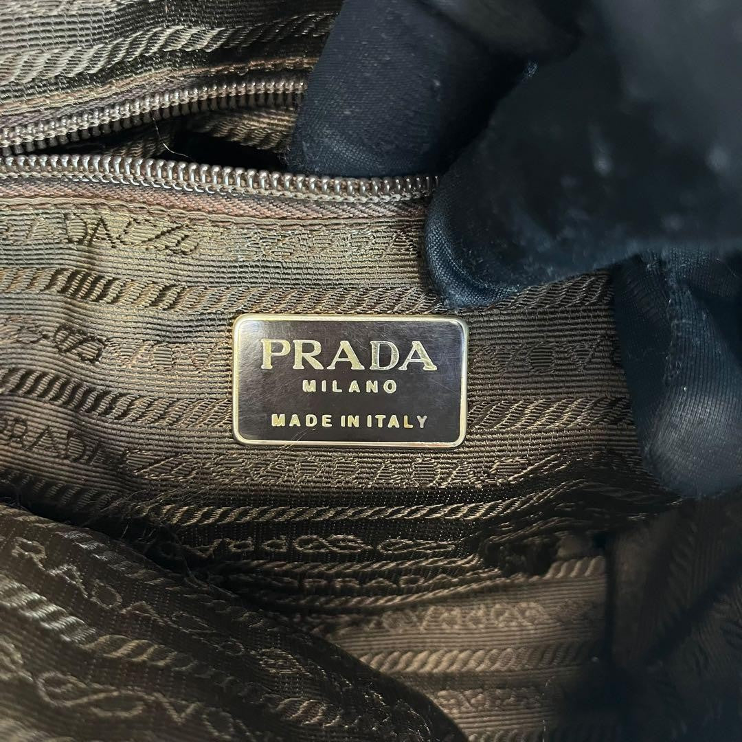 PRADA Hand Bag Tote Purse Logo Chain Nylon Khaki Authentic