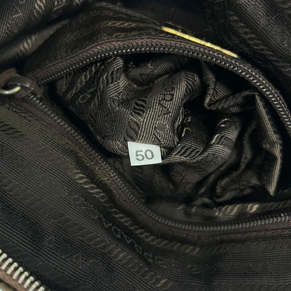 PRADA Hand Bag Tote Purse Logo Chain Nylon Khaki Authentic