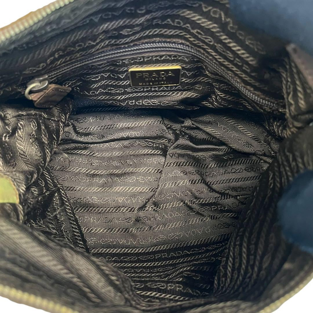 PRADA Hand Bag Tote Purse Logo Chain Nylon Khaki Authentic