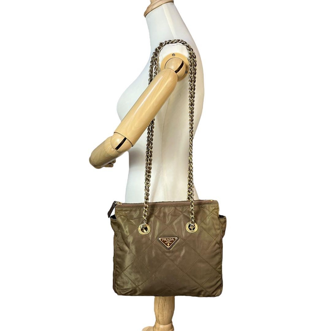 PRADA Hand Bag Tote Purse Logo Chain Nylon Khaki Authentic