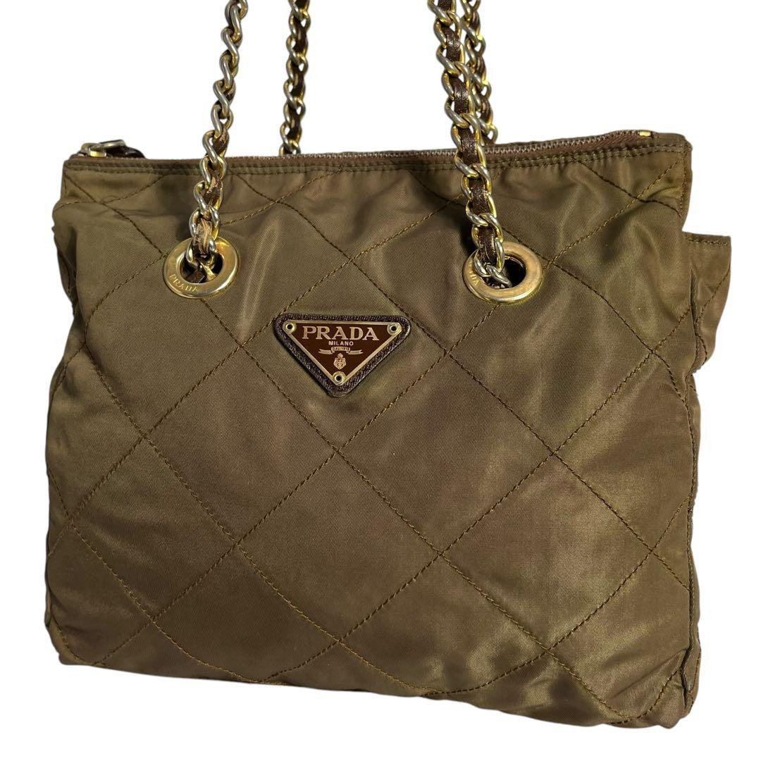 PRADA Hand Bag Tote Purse Logo Chain Nylon Khaki Authentic