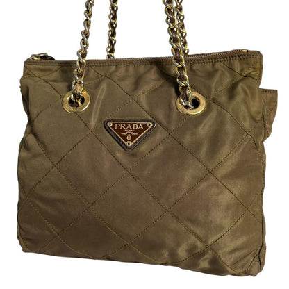 PRADA Hand Bag Tote Purse Logo Chain Nylon Khaki Authentic