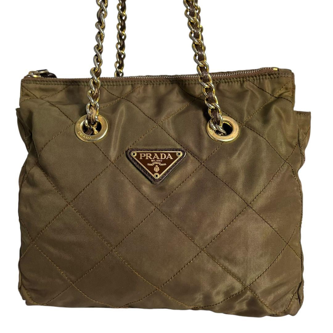 PRADA Hand Bag Tote Purse Logo Chain Nylon Khaki Authentic