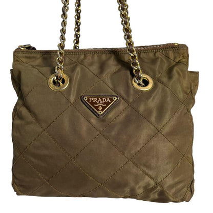 PRADA Hand Bag Tote Purse Logo Chain Nylon Khaki Authentic