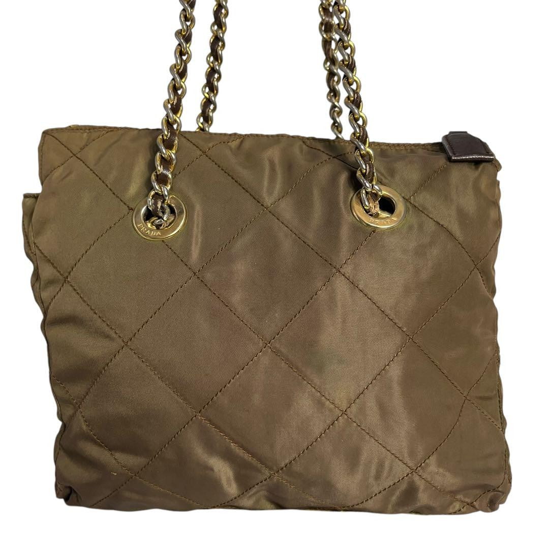 PRADA Hand Bag Tote Purse Logo Chain Nylon Khaki Authentic