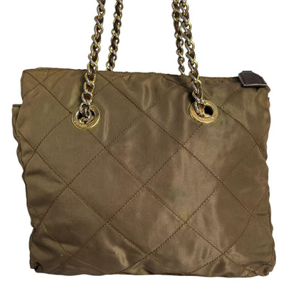 PRADA Hand Bag Tote Purse Logo Chain Nylon Khaki Authentic