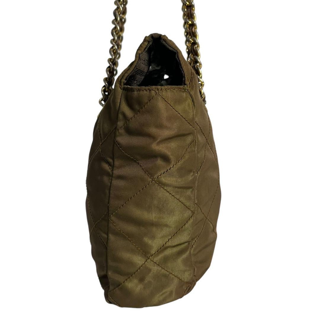 PRADA Hand Bag Tote Purse Logo Chain Nylon Khaki Authentic