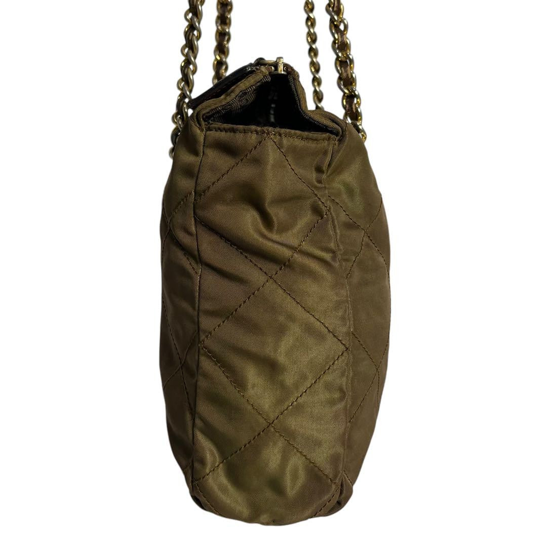 PRADA Hand Bag Tote Purse Logo Chain Nylon Khaki Authentic