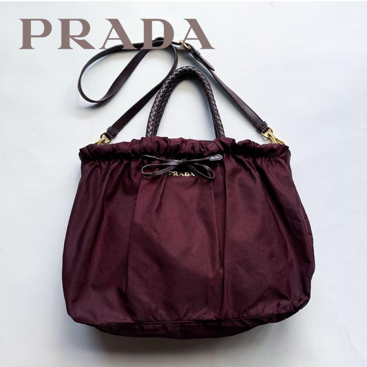 PRADA Hand Shoulder Bag Tote Purse 2way Nylon Leather Wine Red Authentic