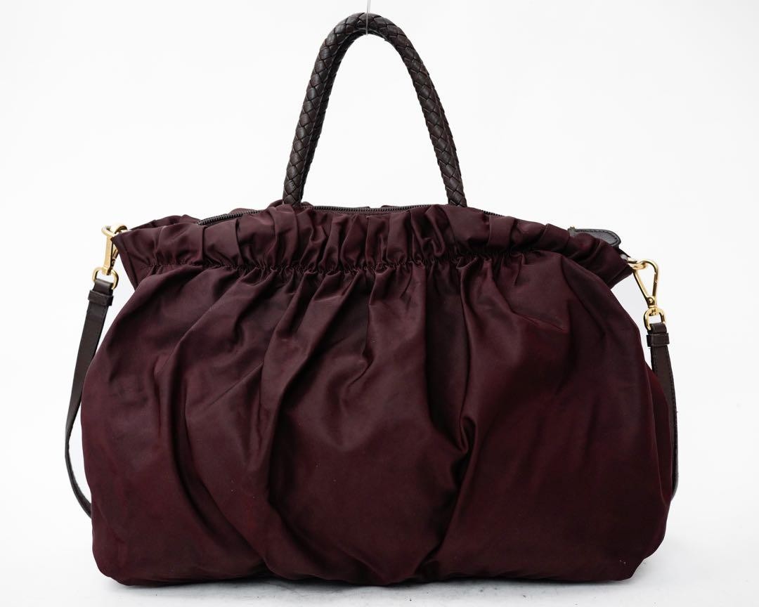 PRADA Hand Shoulder Bag Tote Purse 2way Nylon Leather Wine Red Authentic