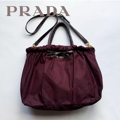 PRADA Hand Shoulder Bag Tote Purse 2way Nylon Leather Wine Red Authentic